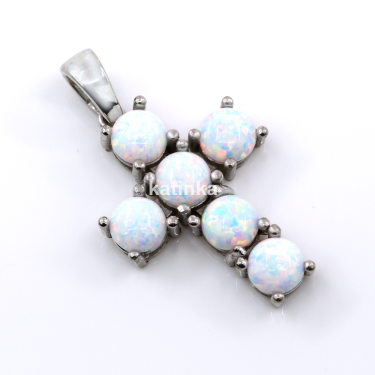 Cross Pendant with White Opal, 925 Rhodium Plated Silver, 23.5mm