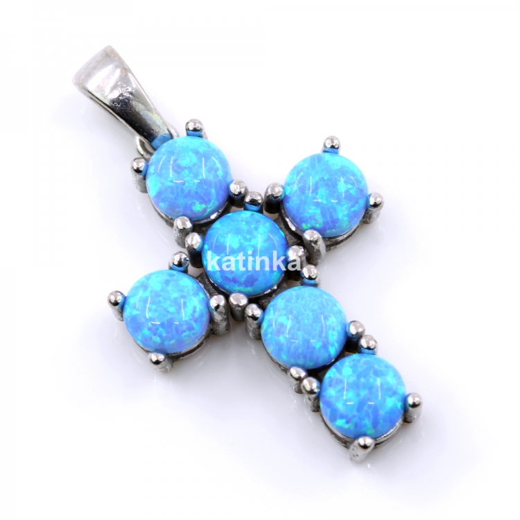 Cross Pendant with Azure Opal, 925 Rhodium Plated Silver, 23.5mm