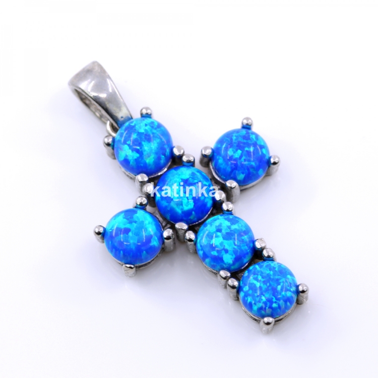 Cross Pendant with Blue Opal, 925 rhodium-plated silver, 23.5mm