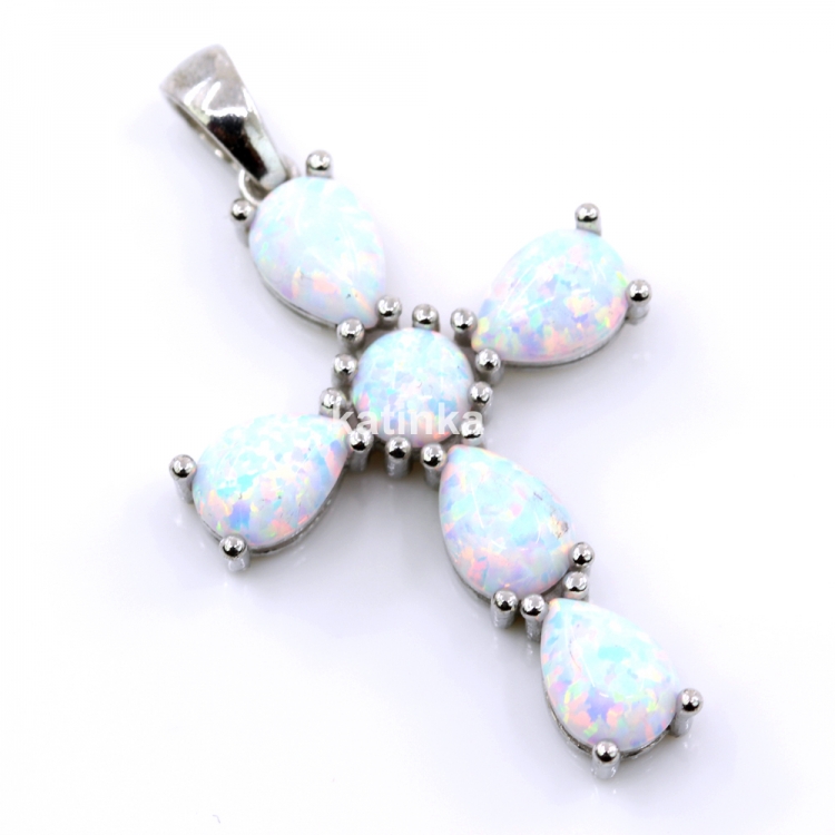 Cross Pendant with White Opal, 925 rhodium-plated silver, 30mm