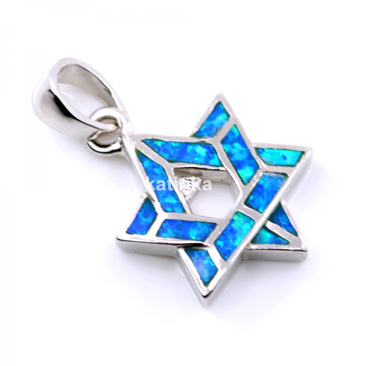 Star of David Pendant with Blue Opal, 925 rhodium-plated silver, 20mm