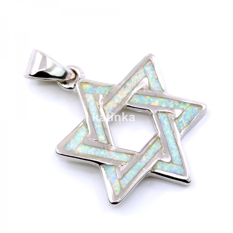 Star of David Pendant with White Opal, 925 rhodium-plated silver, 29mm