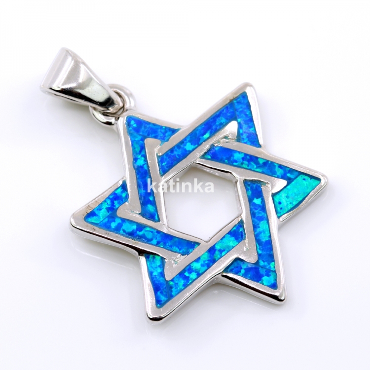 Star of David Pendant with Blue Opal, 925 rhodium-plated silver, 29mm