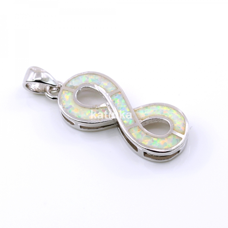 Infinity Pendant with White Opal, 925 rhodium-plated silver, 27mm