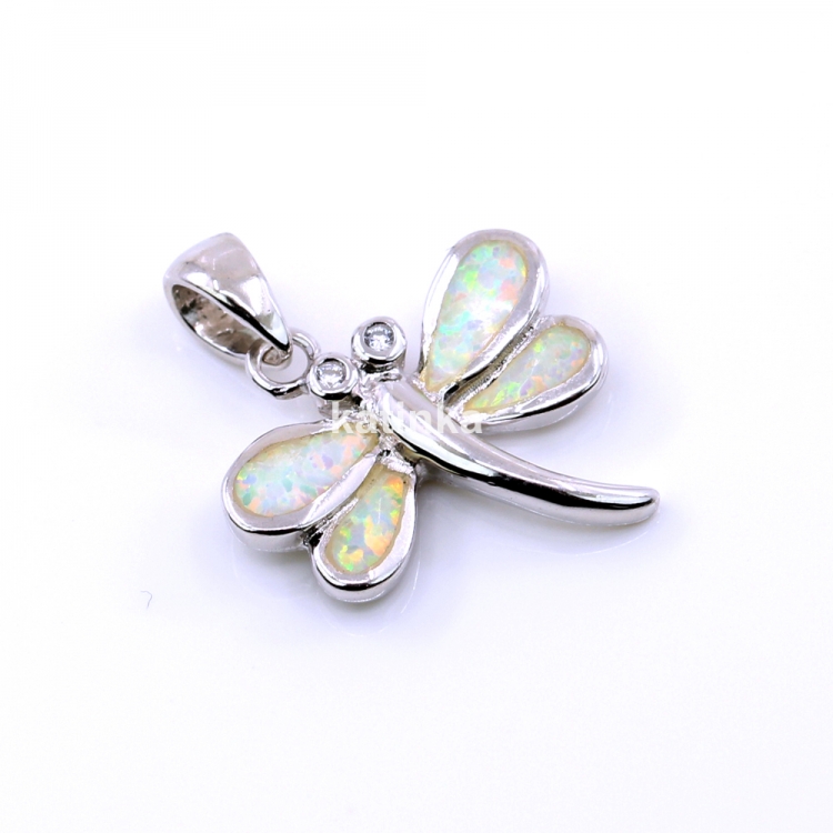 Dragonfly Pendant with White Opal, 925 rhodium-plated silver, 18mm