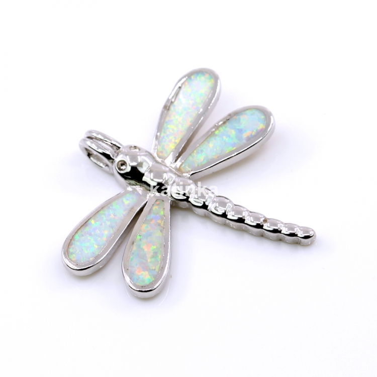 Dragonfly Pendant with White Opal, 925 rhodium-plated silver, 25mm