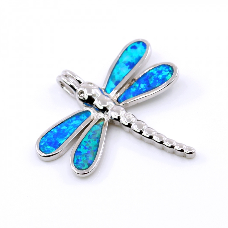 Dragonfly Pendant with Blue Opal, 925 rhodium-plated silver, 25mm