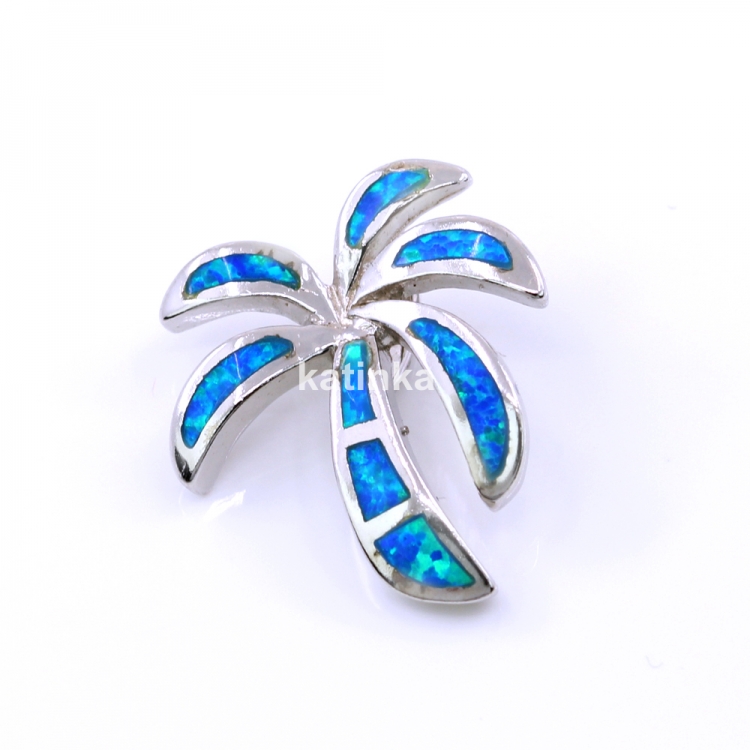 Palm Tree Pendant with Blue Opal, 925 rhodium-plated silver, 20mm