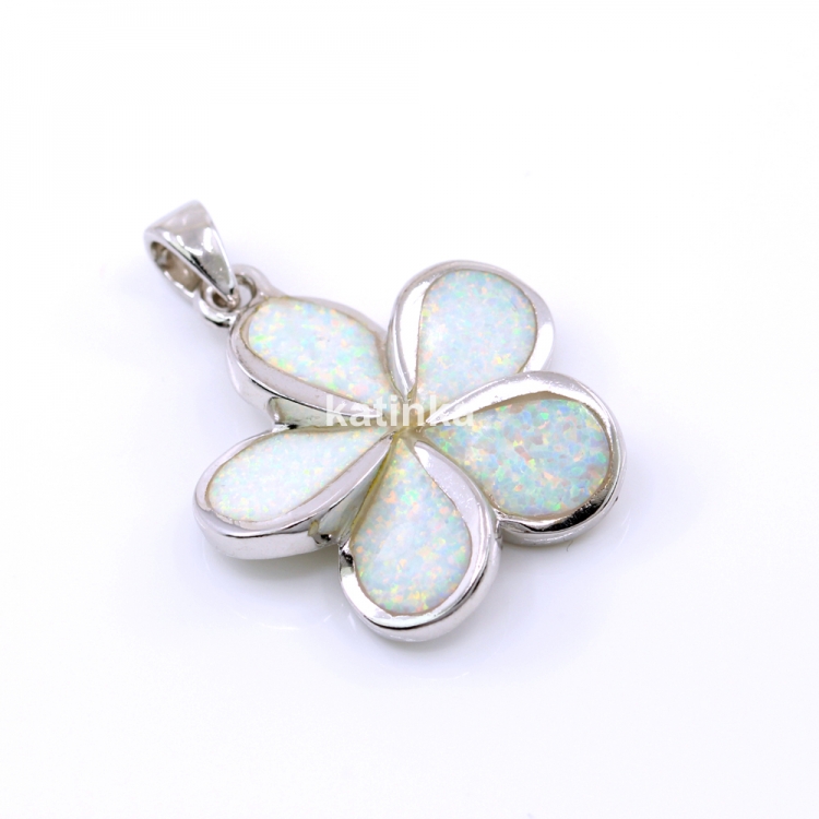 Flower Pendant with White Opal, 925 rhodium-plated silver, 27mm