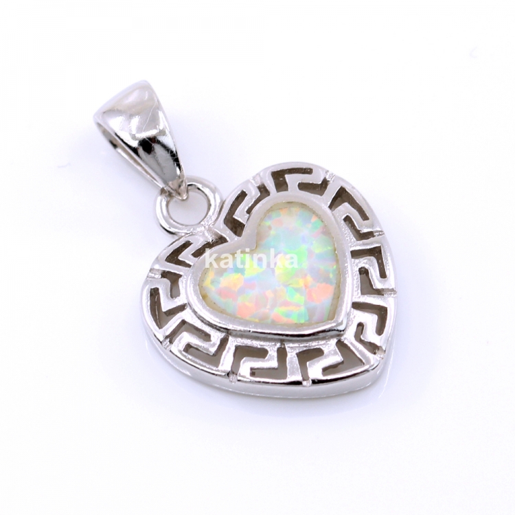 Heart Pendant with White Opal, 925 rhodium-plated silver, 16.5mm