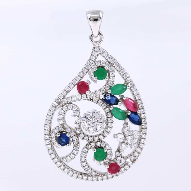 Drop pendant with rubies, emeralds, sapphires and crystals, 925 rhodium-plated silver, 37mm