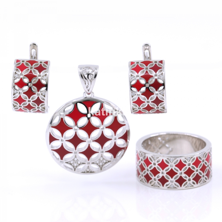 Belle set, red earrings, ring (58), pendant, 925 rhodium plated silver