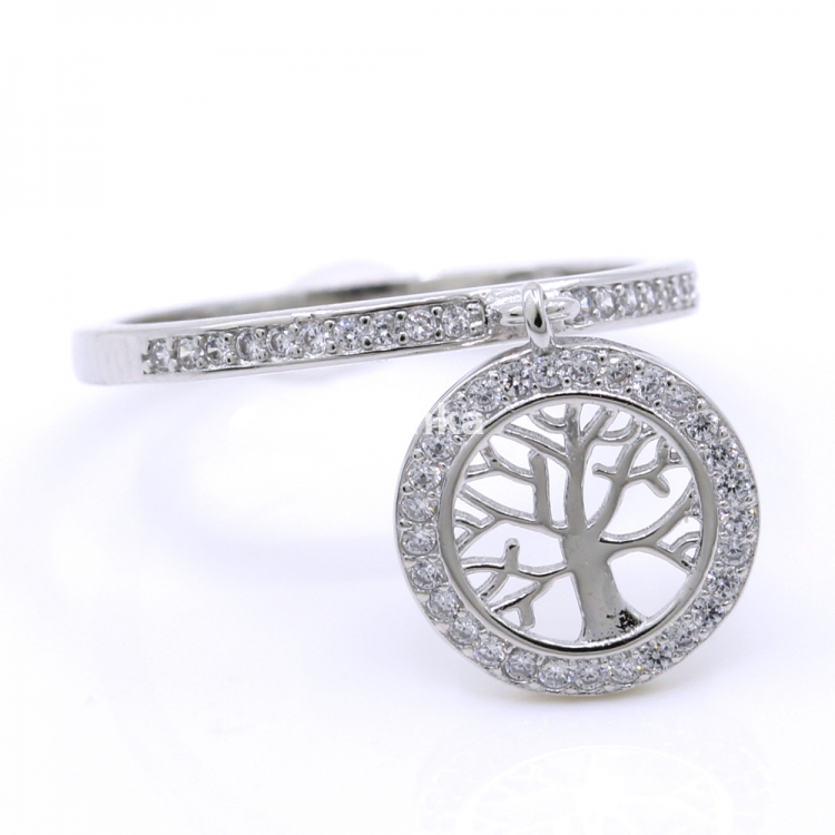 Ring (58) Tree of life charm with crystals, made of 925 rhodium-plated silver