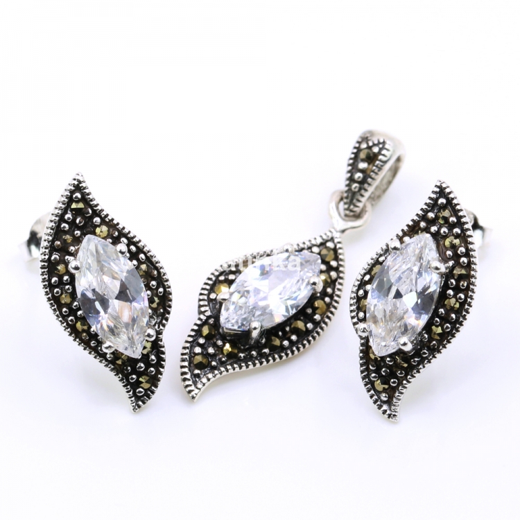 Fancy Marquise set with marcasite, earrings, pendant, 925 silver, transparent white