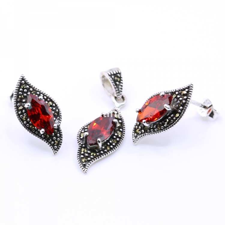 Fancy Marquise set with marcasite, earrings, pendant, 925 silver, siam red