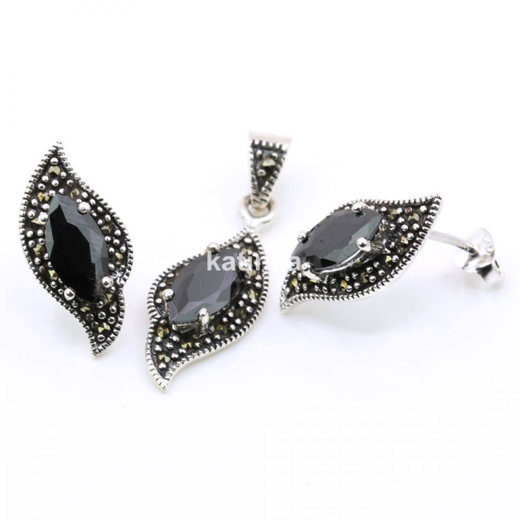 Set Fancy Marquise cu marcasite, cercei, pandantiv, argint 925, negru jet