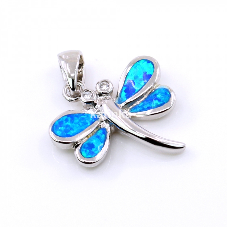 Dragonfly Pendant with Blue Opal, 925 rhodium-plated silver, 18mm