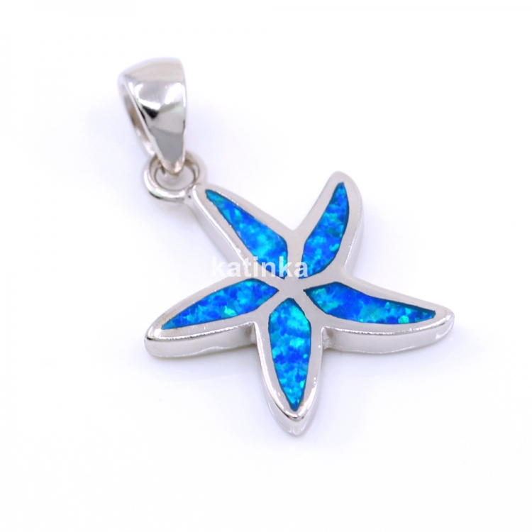 Starfish Pendant with Blue Opal, 925 Rhodium Plated Silver, 19.5mm