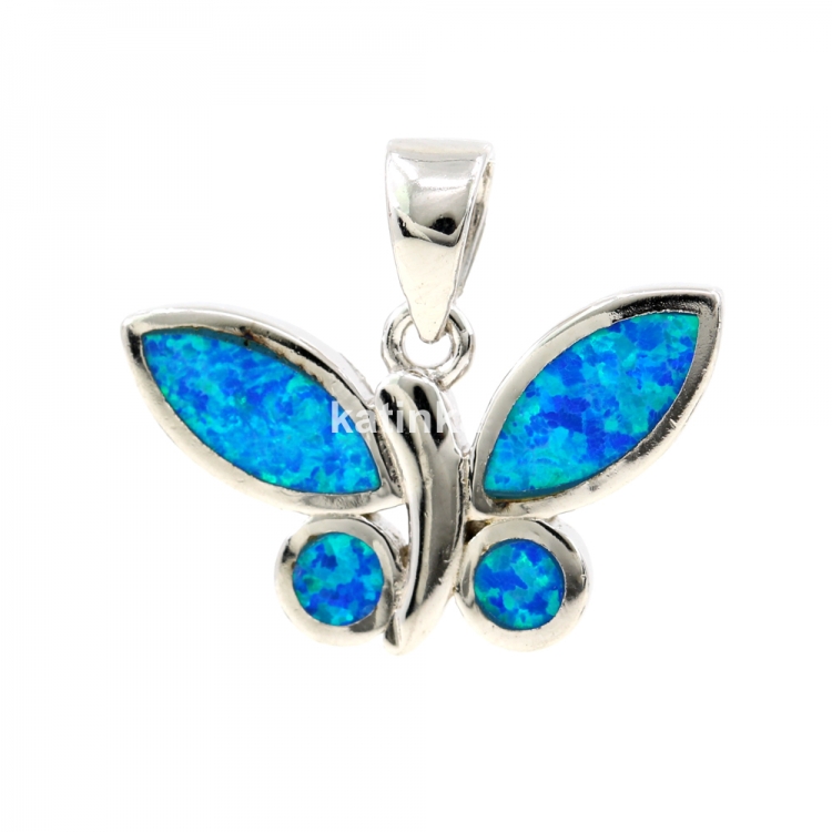 Butterfly Pendant with Blue Opal, 925 Rhodium Plated Silver, 12.5mm