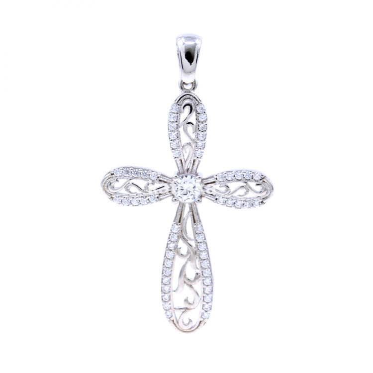 Cross pendant with crystals, 925 rhodium plated silver, 35mm