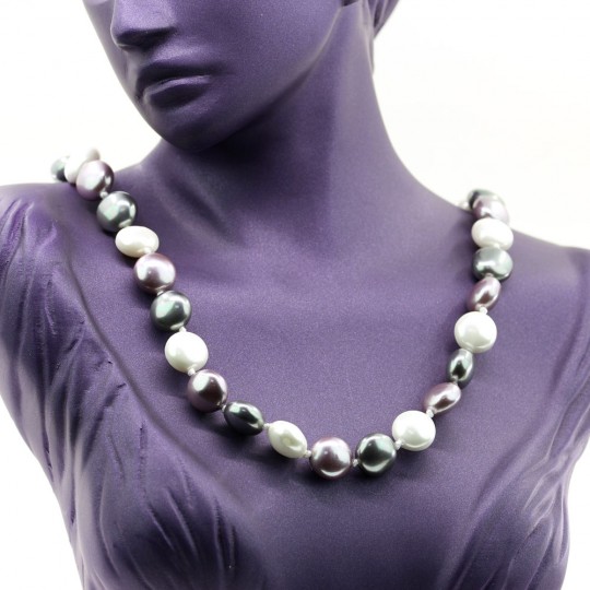 Penny pearl necklace, white-purple-hematite, 47cm