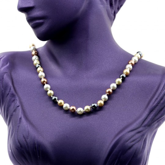 Round pearl necklace, white-hematite-bronze-light gold, 47cm