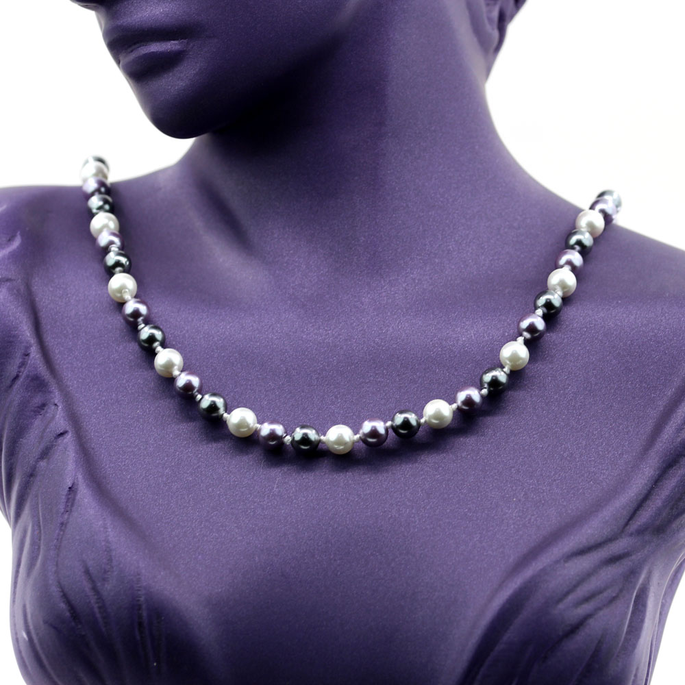 Round pearl necklace, white-purple-hematite, 47cm