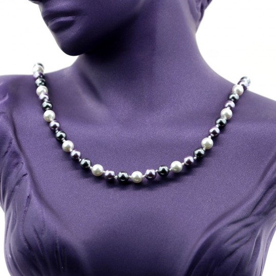 Round pearl necklace, white-purple-hematite, 47cm