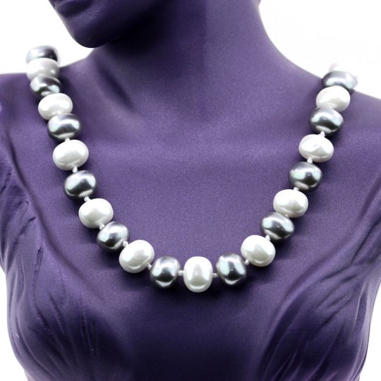 Colier din perle drops, alb-gri, 47cm