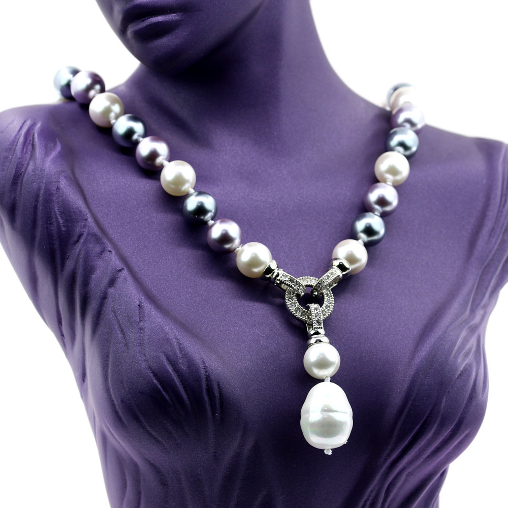 Pearl necklace with pendant, white-purple-grey, 47cm