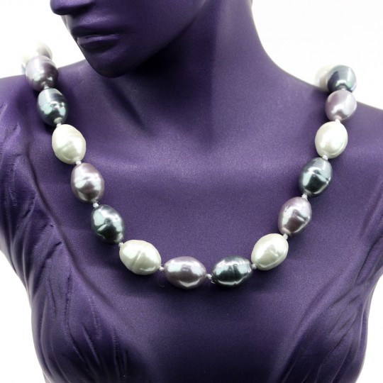 Twist drop pearl necklace, grey-white-purple, 47cm