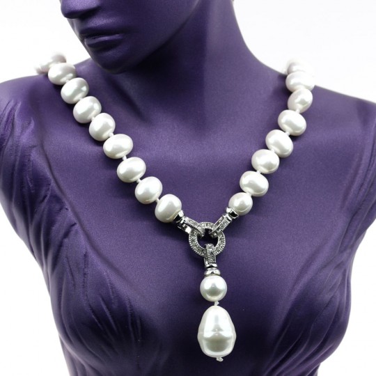 Drops pearl necklace with pendant, white, 47cm