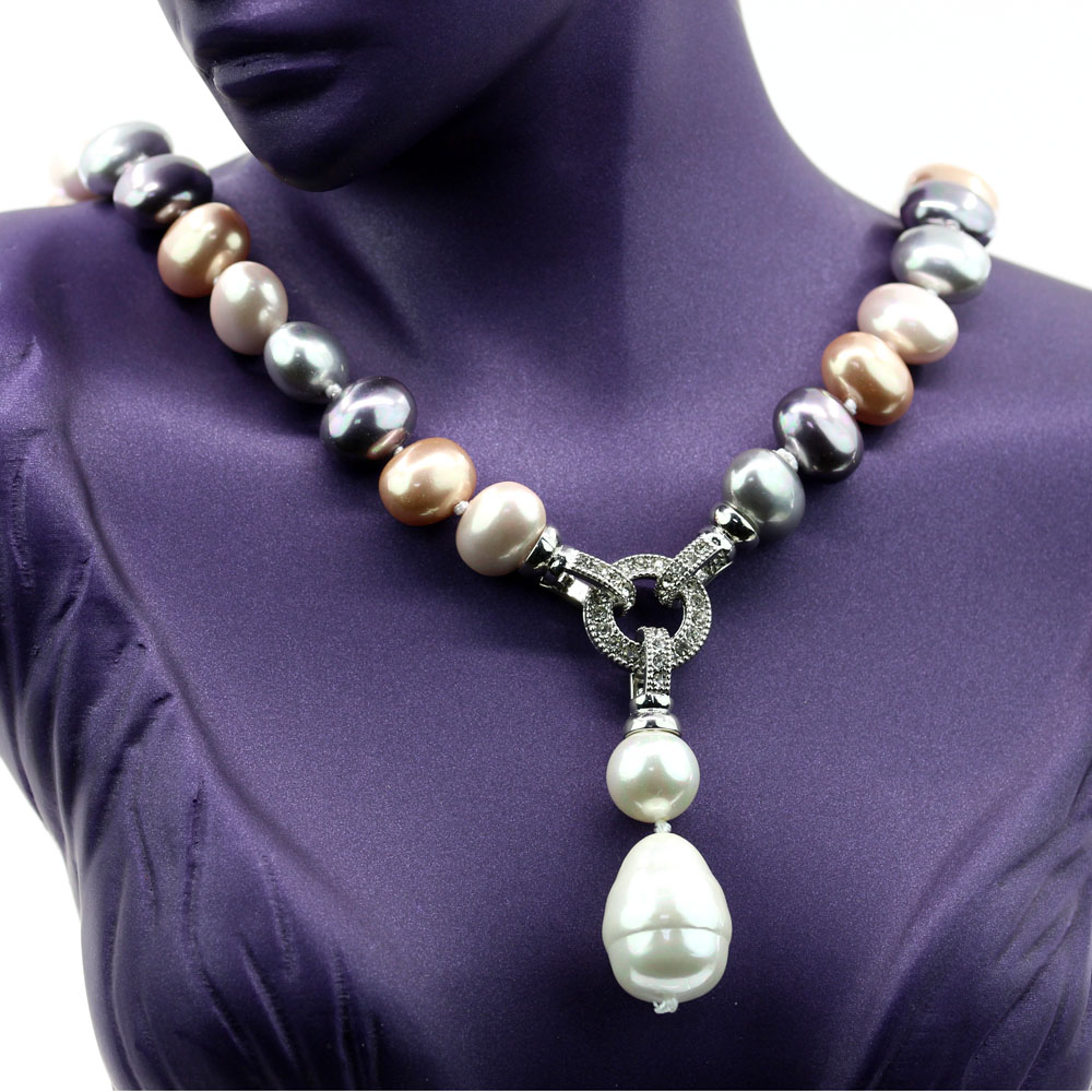 Drops pearl necklace with pendant, pink-blush-purple-silver, 47cm