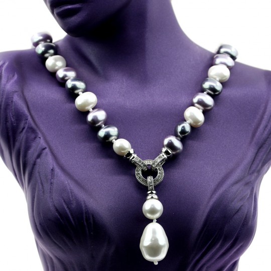 Drops pearl necklace with pendant, white-hematite-purple, 47cm