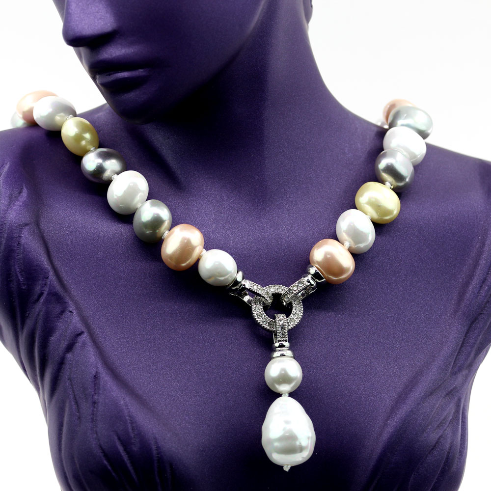 Colier din perle drops cu pandantiv, alb-auriu light-argintiu-rose, 47cm