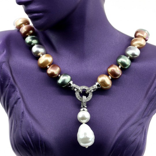 Drops pearl necklace with pendant, bronze-rose gold-silver-green vintage, 47cm