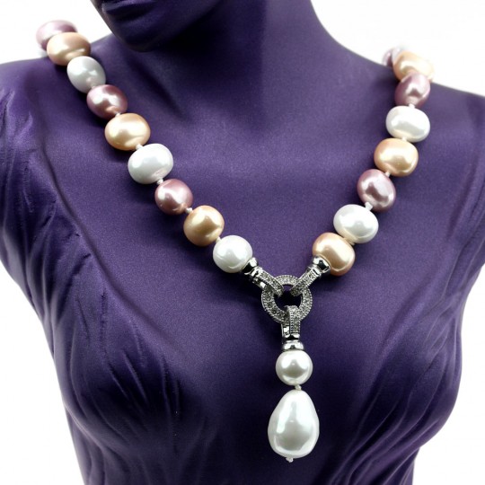 Drops pearl necklace with pendant, frieze-blush-white, 47cm