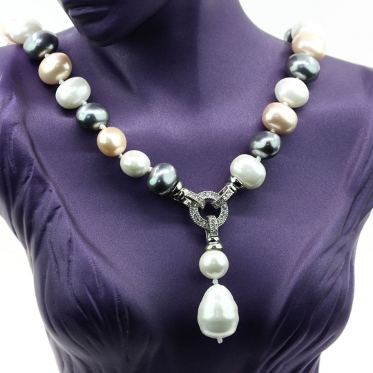 Drops pearl necklace with pendant, white-rose-hematite, 47cm