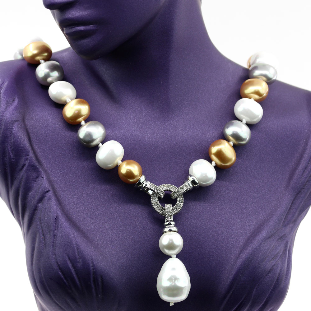 Drops pearl necklace with pendant, white-silver-gold, 47cm