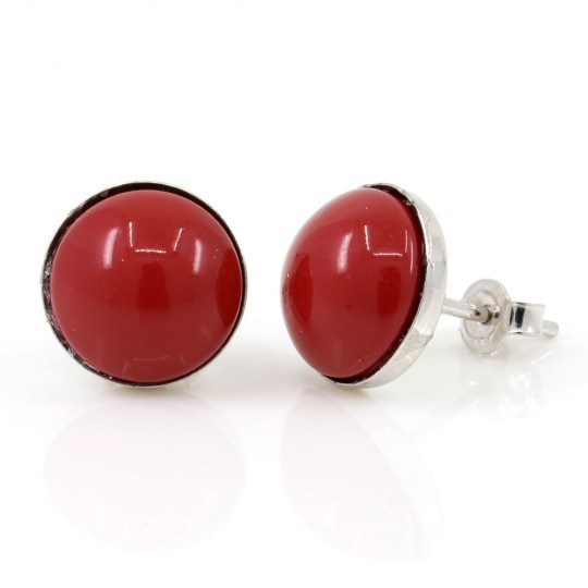 Cercei argint 925 rodiat cu perla Swarovski Red Coral, 10mm