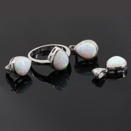 Set picatura White Opal, cercei, inel, pandantiv, argint 925 rodiat