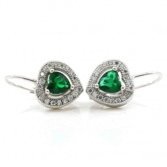 Emerald Green Heart earrings with rhodium-plated 925 silver crystals