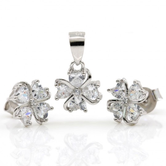 Clover earrings set, pendant, silver 925 rhodium-plated