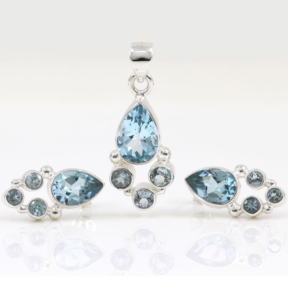 Aquamarine set, earrings, pendant, silver 925