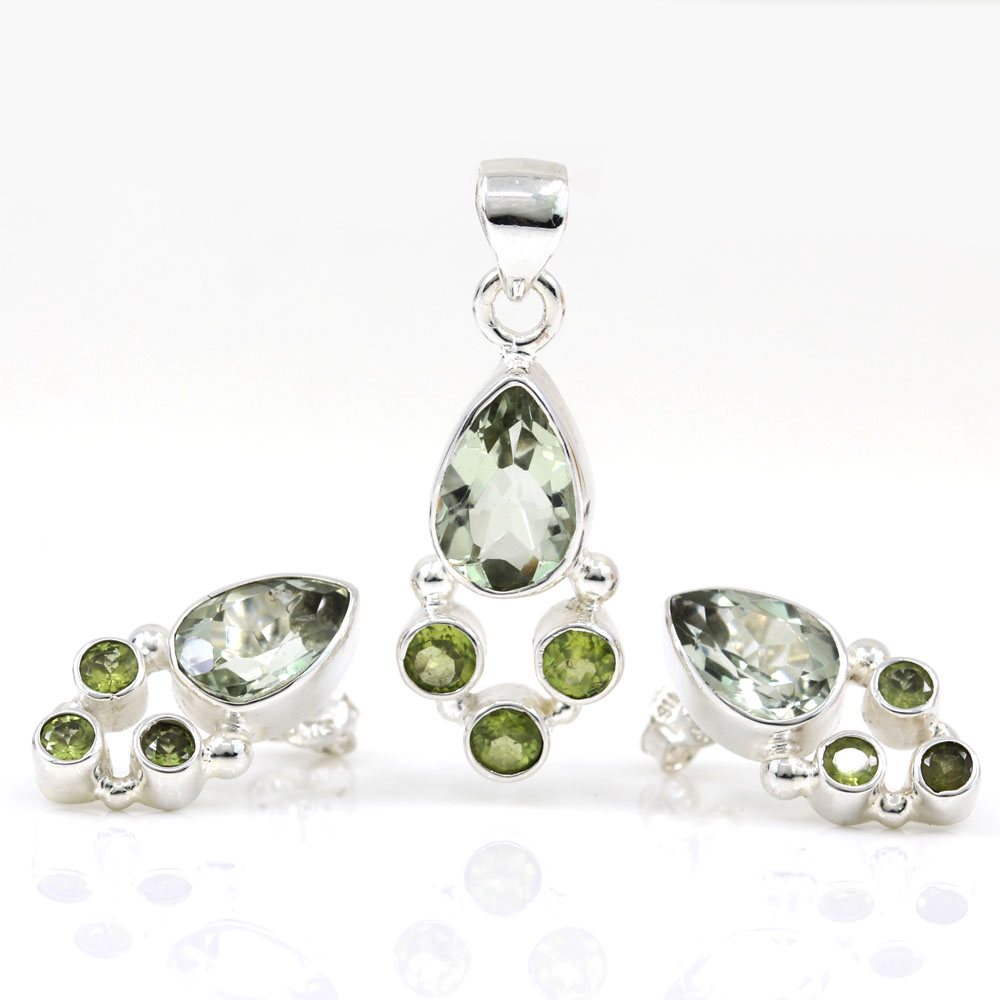 Green Amethyst set, earrings, pendant, silver 925