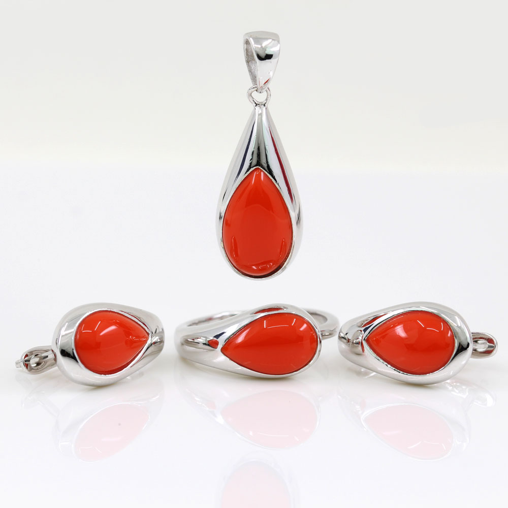 Celeste Orange set, earrings, adjustable ring L, pendant, rhodium-plated silver 925