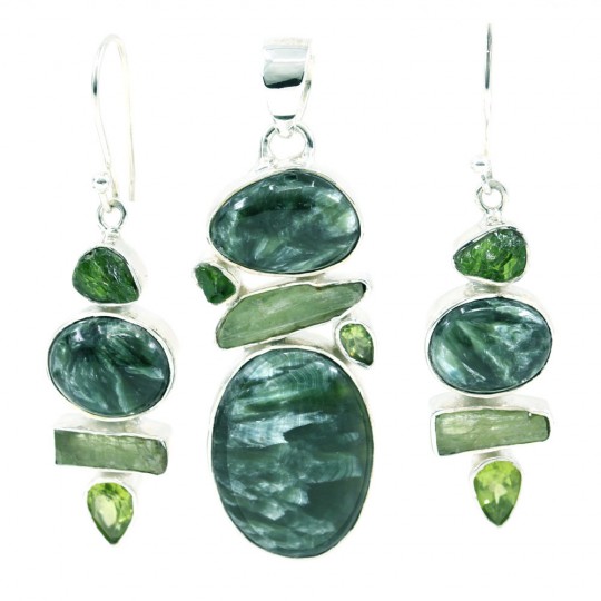 Set Unika cercei, pandantiv cu Serafinit, Turmalina verde si Peridot, argint 925