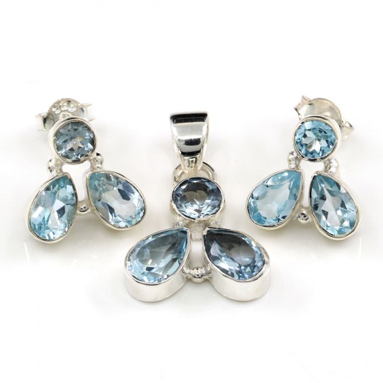 Trio set of earrings, pendant with Blue Topaz, silver 925