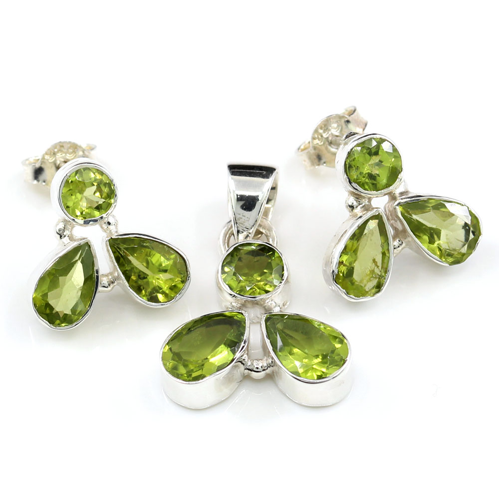 Trio set of earrings, pendant with Peridot, silver 925