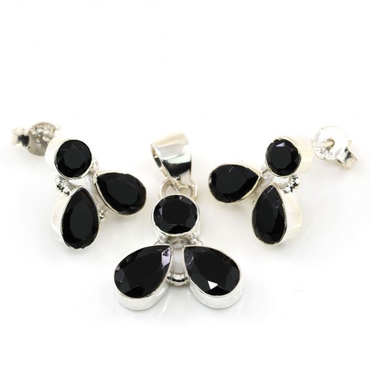 Trio set of earrings, pendant with Onyx, silver 925